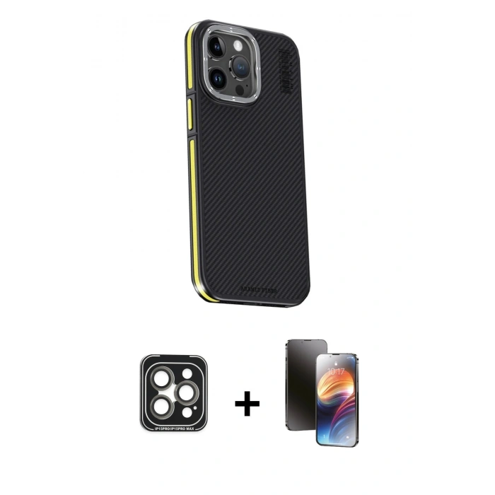 MARSİLYAN™- iPhone 15 Pro Max Kılıf Kıvılcım Modern Özel Seri - Siyah 3D Antistatik Mat Seramik Nano Ekran Koruyucu + PVD Metal Kamera Lens - GI