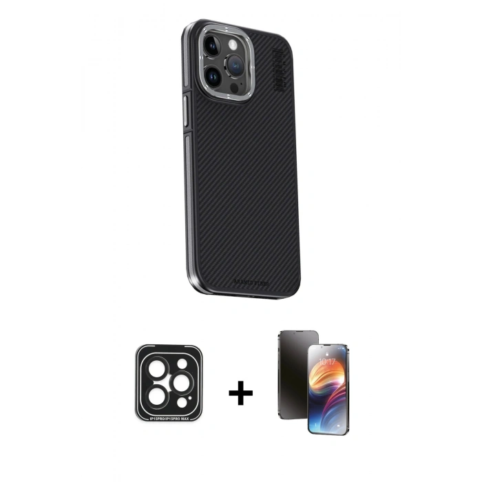 MARSİLYAN™- iPhone 15 Pro Max Kılıf Kıvılcım Modern Özel Seri - Siyah 3D Antistatik Mat Seramik Nano Ekran Koruyucu + PVD Metal Kamera Lens - SH