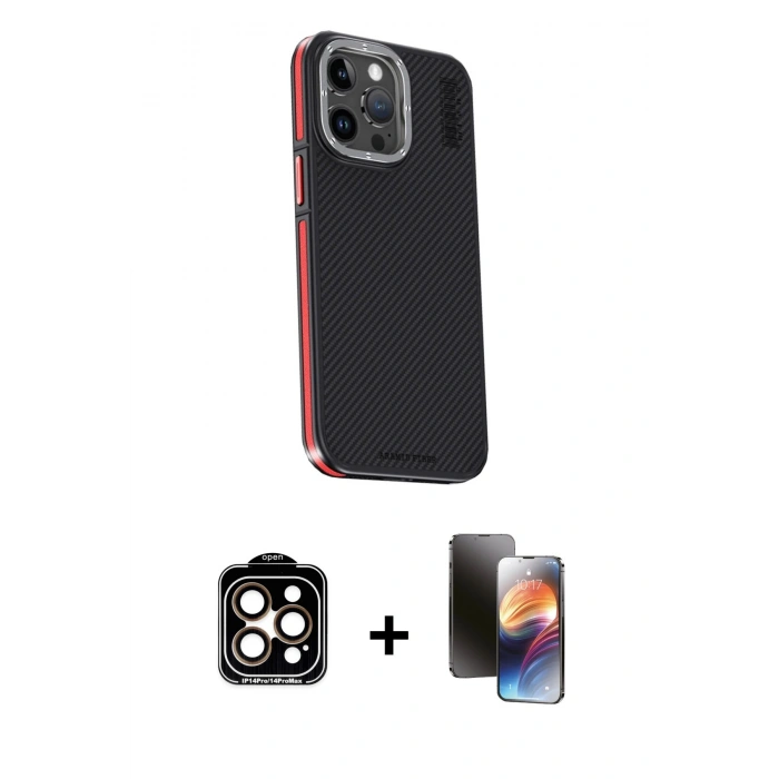 MARSİLYAN™- iPhone 15 Pro Max Kılıf Kıvılcım Modern Özel Seri - Siyah 3D Antistatik Mat Seramik Nano Ekran Koruyucu + PVD Metal Kamera Lens - TU