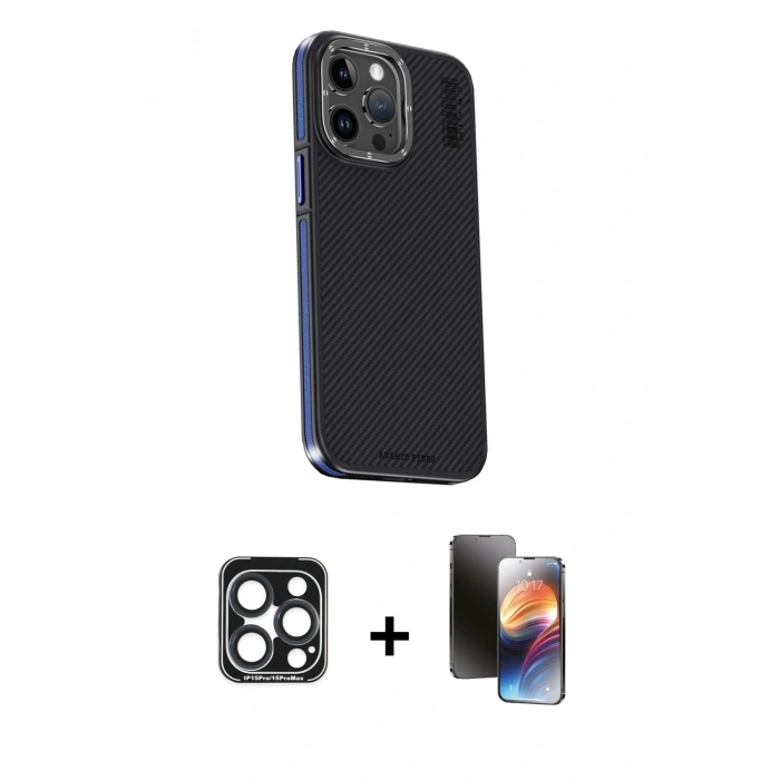 MARSİLYAN™- iPhone 15 Pro Max Kılıf Kıvılcım Modern Özel Seri - Siyah 3D Antistatik Mat Seramik Nano Ekran Koruyucu + PVD Metal Kamera Lens - LT