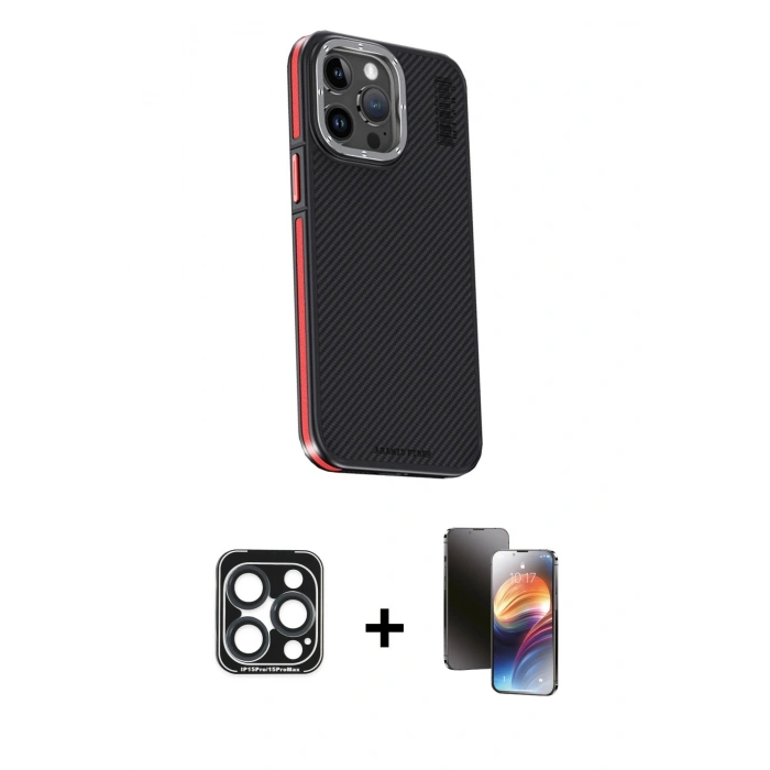 MARSİLYAN™- iPhone 15 Pro Max Kılıf Kıvılcım Modern Özel Seri - Siyah 3D Antistatik Mat Seramik Nano Ekran Koruyucu + PVD Metal Kamera Lens - LT