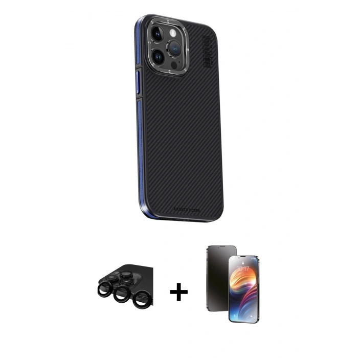 MARSİLYAN™- iPhone 15 Pro Max Kılıf Kıvılcım Modern Özel Seri - Siyah 3D Antistatik Mat Seramik Nano Ekran Koruyucu + Raze Metal Kamera Lens - SH