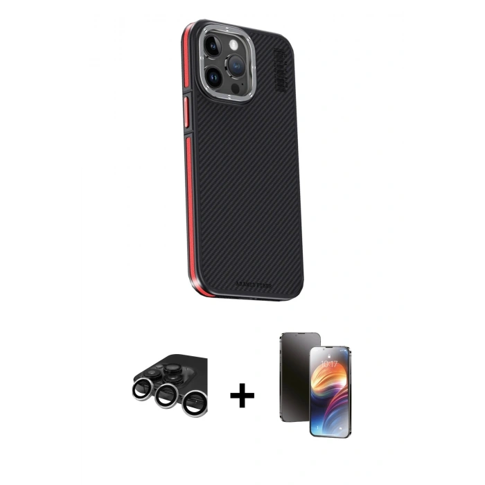 MARSİLYAN™- iPhone 15 Pro Max Kılıf Kıvılcım Modern Özel Seri - Siyah 3D Antistatik Mat Seramik Nano Ekran Koruyucu + Raze Metal Kamera Lens - GS