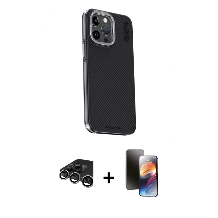 MARSİLYAN™- iPhone 15 Pro Max Kılıf Kıvılcım Modern Özel Seri - Siyah 3D Antistatik Mat Seramik Nano Ekran Koruyucu + Raze Metal Kamera Lens - GS