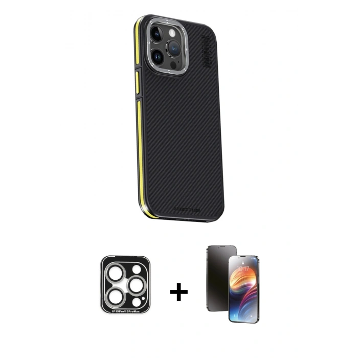 MARSİLYAN™- iPhone 15 Pro Max Kılıf Kıvılcım Modern Özel Seri - Siyah 3D Antistatik Mat Seramik Nano Ekran Koruyucu + PVD Metal Kamera Lens - GS