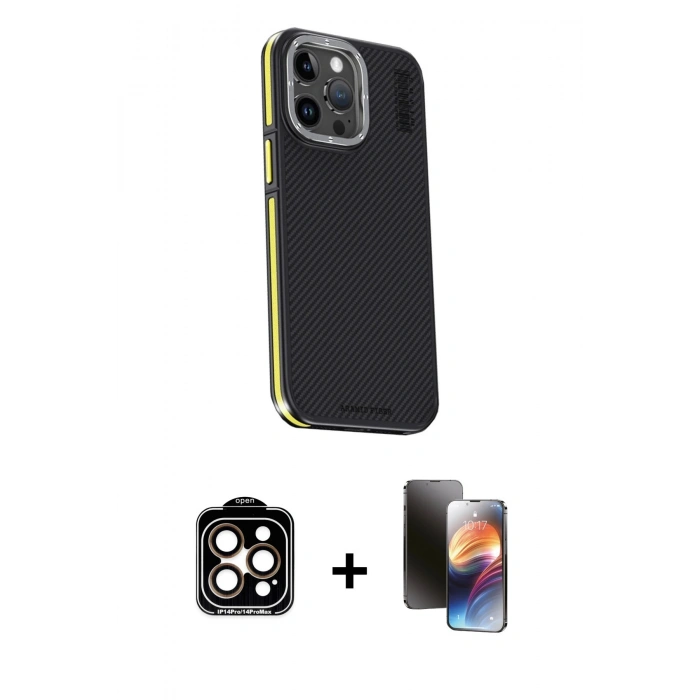 MARSİLYAN™- iPhone 15 Pro Max Kılıf Kıvılcım Modern Özel Seri - Siyah 3D Antistatik Mat Seramik Nano Ekran Koruyucu + PVD Metal Kamera Lens - TU