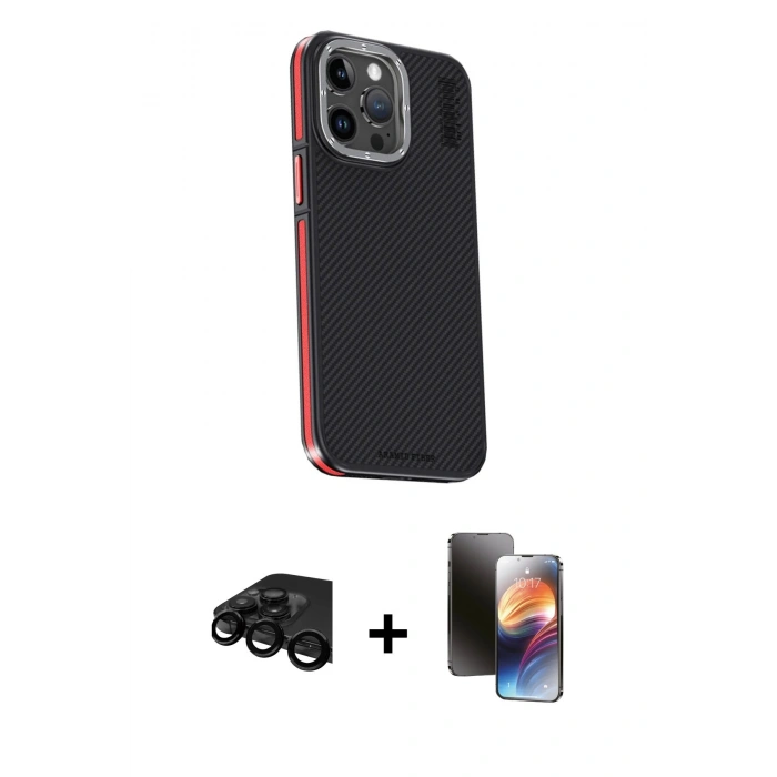 MARSİLYAN™- iPhone 15 Pro Max Kılıf Kıvılcım Modern Özel Seri - Siyah 3D Antistatik Mat Seramik Nano Ekran Koruyucu + Raze Metal Kamera Lens - SH