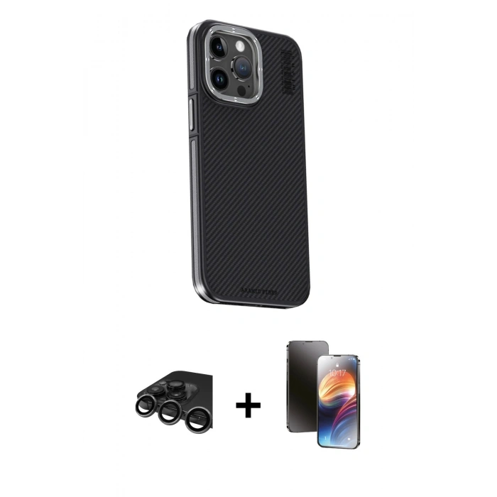 MARSİLYAN™- iPhone 15 Pro Max Kılıf Kıvılcım Modern Özel Seri - Siyah 3D Antistatik Mat Seramik Nano Ekran Koruyucu + Raze Metal Kamera Lens - TMGI