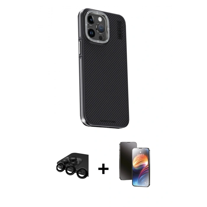 MARSİLYAN™- iPhone 15 Pro Max Kılıf Kıvılcım Modern Özel Seri - Siyah 3D Antistatik Mat Seramik Nano Ekran Koruyucu + Raze Metal Kamera Lens - SH
