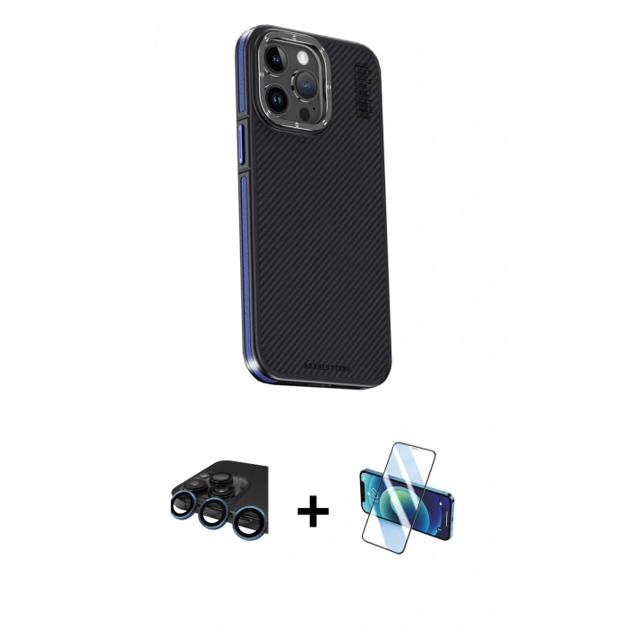 MARSİLYAN™- iPhone 15 Pro Max Kılıf Kıvılcım Modern Özel Seri - Siyah 3D Antistatik Seramik Nano Ekran Koruyucu + Raze Metal Kamera Lens - LT