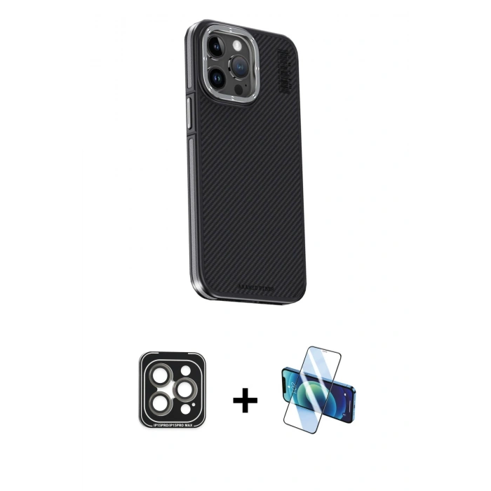 MARSİLYAN™- iPhone 15 Pro Max Kılıf Kıvılcım Modern Özel Seri - Siyah 3D Antistatik Seramik Nano Ekran Koruyucu + PVD Metal Kamera Lens - GI
