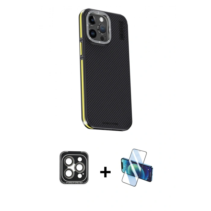 MARSİLYAN™- iPhone 15 Pro Max Kılıf Kıvılcım Modern Özel Seri - Siyah 3D Antistatik Seramik Nano Ekran Koruyucu + PVD Metal Kamera Lens - GI