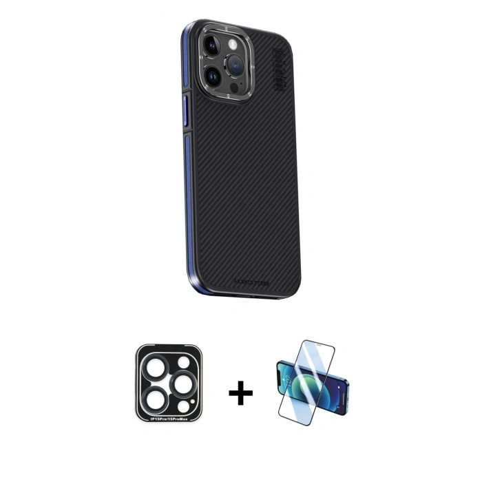 MARSİLYAN™- iPhone 15 Pro Max Kılıf Kıvılcım Modern Özel Seri - Siyah 3D Antistatik Seramik Nano Ekran Koruyucu + PVD Metal Kamera Lens - LT
