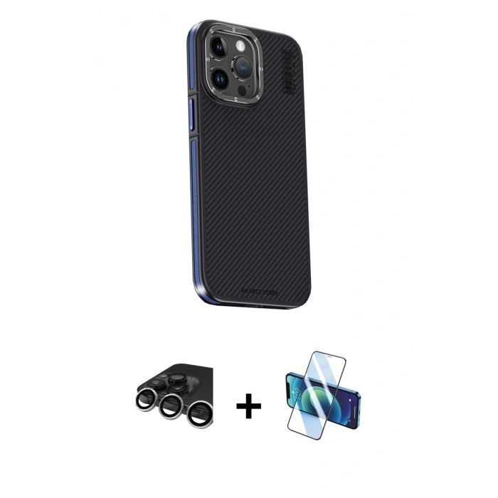 MARSİLYAN™- iPhone 15 Pro Max Kılıf Kıvılcım Modern Özel Seri - Siyah 3D Antistatik Seramik Nano Ekran Koruyucu + Raze Metal Kamera Lens - GS