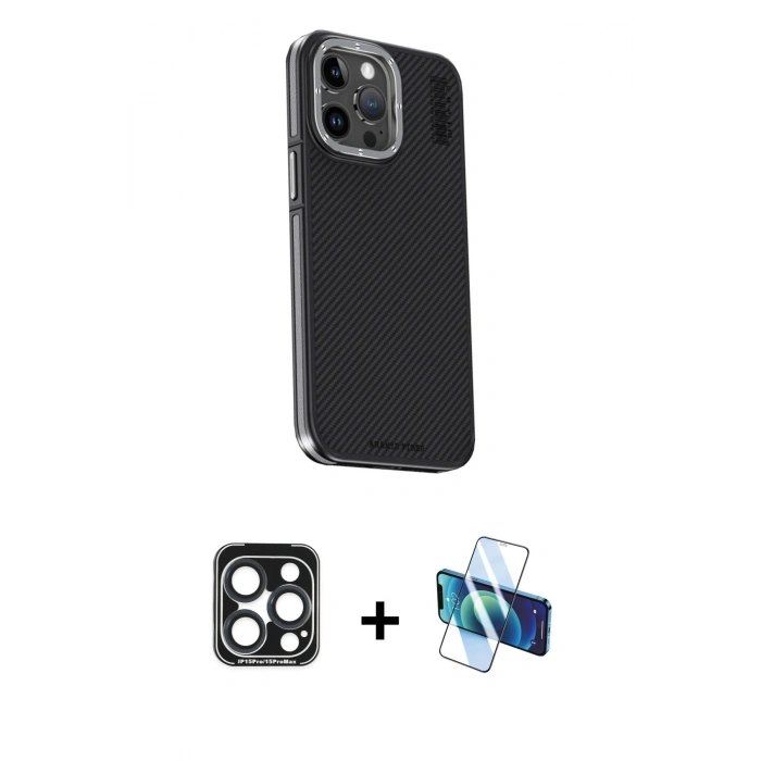 MARSİLYAN™- iPhone 15 Pro Max Kılıf Kıvılcım Modern Özel Seri - Siyah 3D Antistatik Seramik Nano Ekran Koruyucu + PVD Metal Kamera Lens - LT