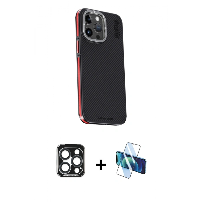 MARSİLYAN™- iPhone 15 Pro Max Kılıf Kıvılcım Modern Özel Seri - Siyah 3D Antistatik Seramik Nano Ekran Koruyucu + PVD Metal Kamera Lens - LT