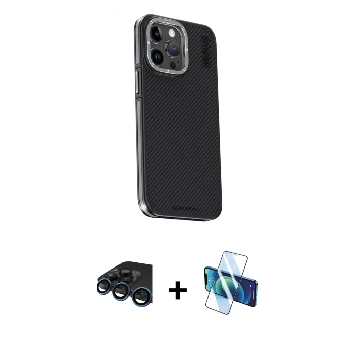 MARSİLYAN™- iPhone 15 Pro Max Kılıf Kıvılcım Modern Özel Seri - Siyah 3D Antistatik Seramik Nano Ekran Koruyucu + Lacivert Raze Metal Kamera Lens