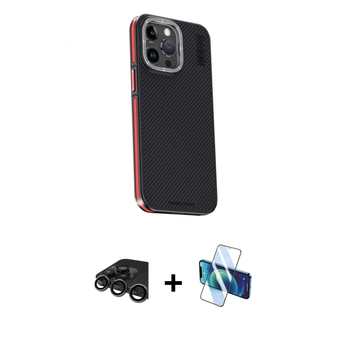 MARSİLYAN™- iPhone 15 Pro Max Kılıf Kıvılcım Modern Özel Seri - Siyah 3D Antistatik Seramik Nano Ekran Koruyucu + Raze Metal Kamera Lens - TMGI