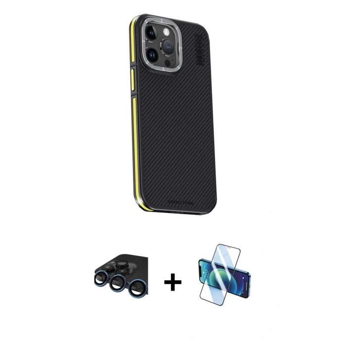 MARSİLYAN™- iPhone 15 Pro Max Kılıf Kıvılcım Modern Özel Seri - Siyah 3D Antistatik Seramik Nano Ekran Koruyucu + Raze Metal Kamera Lens - LT