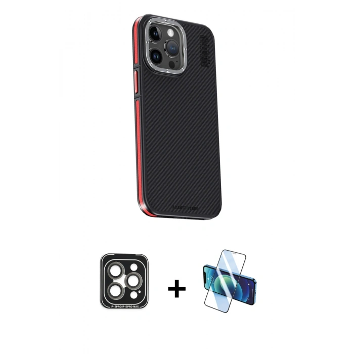 MARSİLYAN™- iPhone 15 Pro Max Kılıf Kıvılcım Modern Özel Seri - Siyah 3D Antistatik Seramik Nano Ekran Koruyucu + PVD Metal Kamera Lens - GI