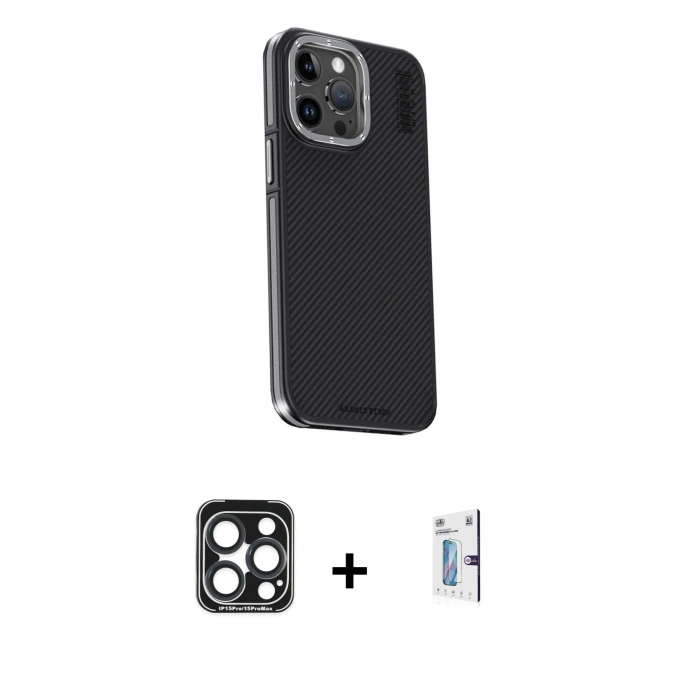 MARSİLYAN™- iPhone 15 Pro Max Kılıf Kıvılcım Modern Özel Seri - Siyah Bilvis 0.18mm Plus Cam Ekran Koruyucu + PVD Metal Kamera Lens - LT