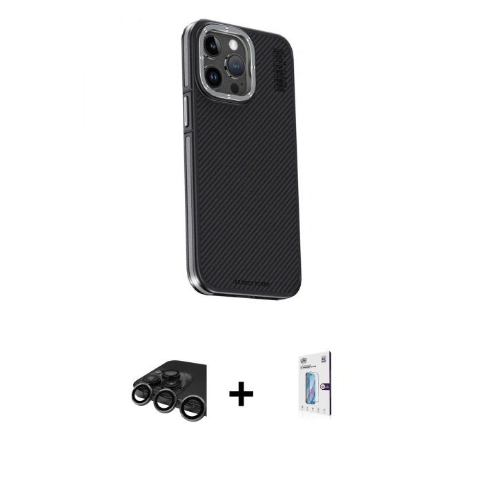 MARSİLYAN™- iPhone 15 Pro Max Kılıf Kıvılcım Modern Özel Seri - Siyah Bilvis 0.18mm Plus Cam Ekran Koruyucu + Raze Metal Kamera Lens - TMGI