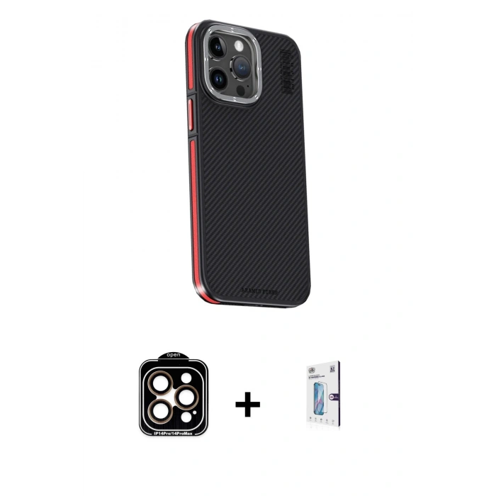 MARSİLYAN™- iPhone 15 Pro Max Kılıf Kıvılcım Modern Özel Seri - Siyah Bilvis 0.18mm Plus Cam Ekran Koruyucu + PVD Metal Kamera Lens - TU