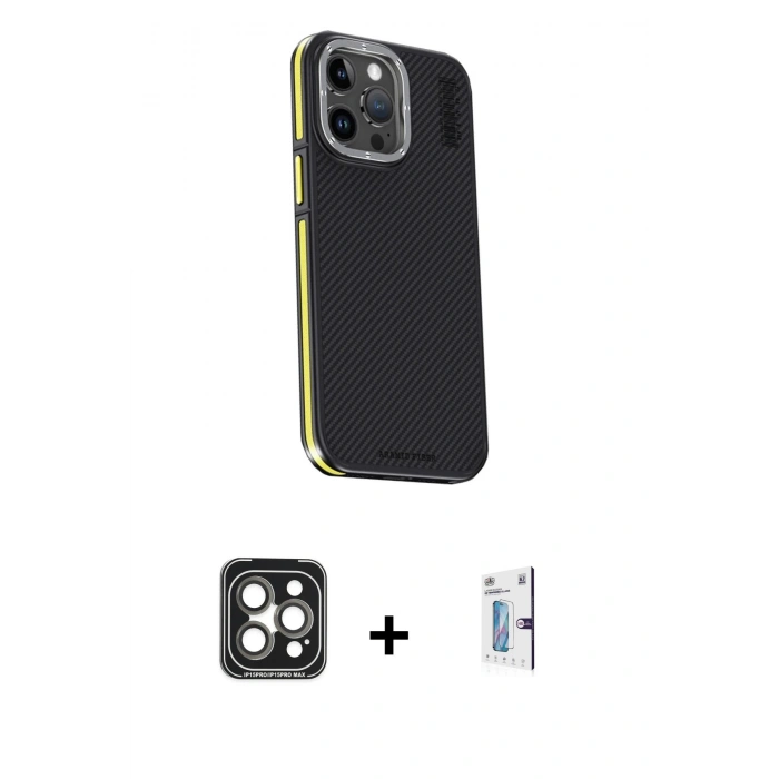 MARSİLYAN™- iPhone 15 Pro Max Kılıf Kıvılcım Modern Özel Seri - Siyah Bilvis 0.18mm Plus Cam Ekran Koruyucu + Gri PVD Metal Kamera Lens