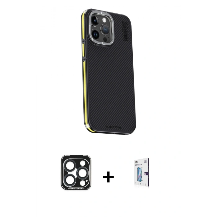MARSİLYAN™- iPhone 15 Pro Max Kılıf Kıvılcım Modern Özel Seri - Siyah Bilvis 0.18mm Plus Cam Ekran Koruyucu + PVD Metal Kamera Lens - LT