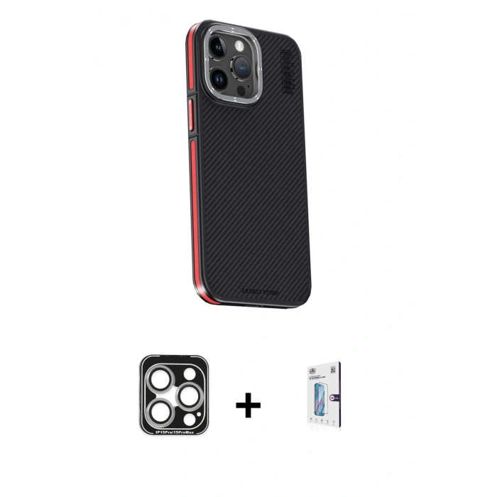 MARSİLYAN™- iPhone 15 Pro Max Kılıf Kıvılcım Modern Özel Seri - Siyah Bilvis 0.18mm Plus Cam Ekran Koruyucu + PVD Metal Kamera Lens - GS