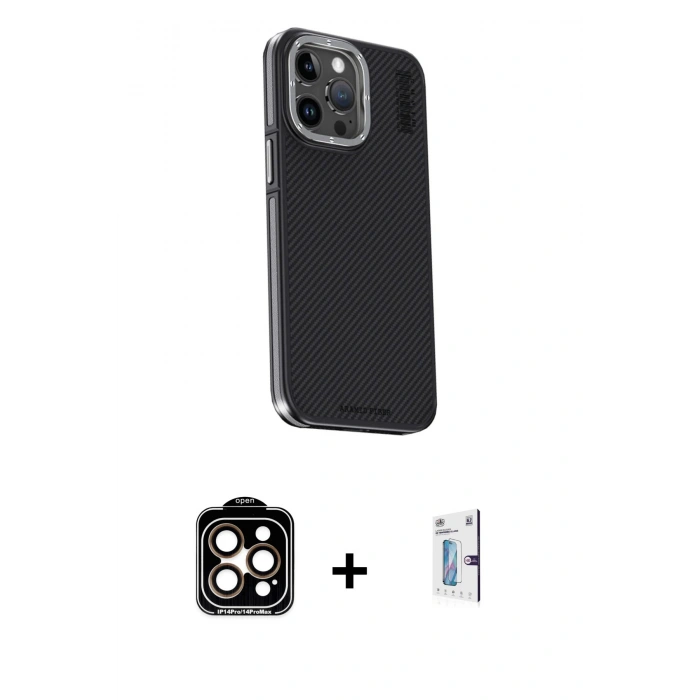 MARSİLYAN™- iPhone 15 Pro Max Kılıf Kıvılcım Modern Özel Seri - Siyah Bilvis 0.18mm Plus Cam Ekran Koruyucu + PVD Metal Kamera Lens - TU