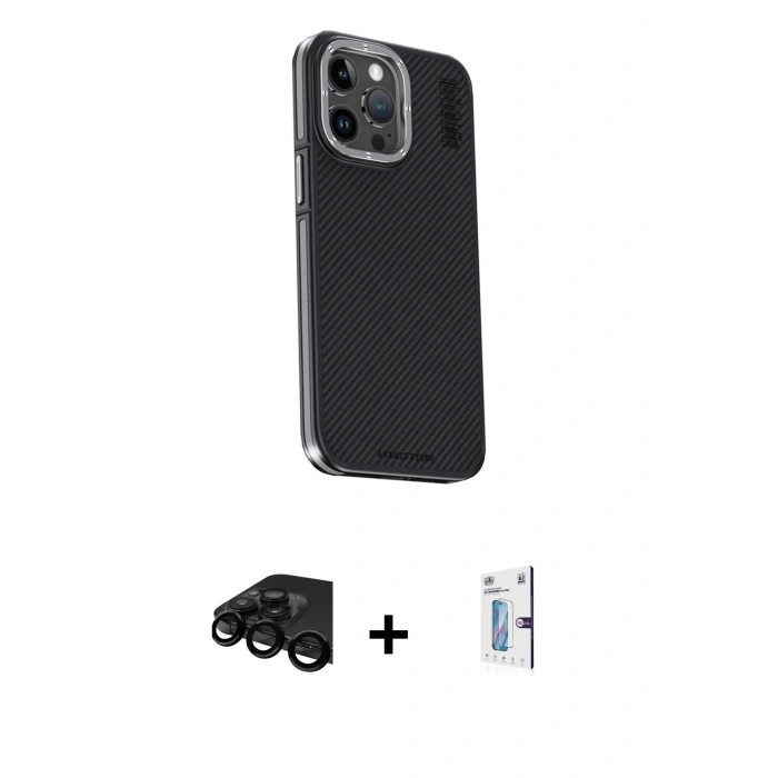 MARSİLYAN™- iPhone 15 Pro Max Kılıf Kıvılcım Modern Özel Seri - Siyah Bilvis 0.18mm Plus Cam Ekran Koruyucu + Raze Metal Kamera Lens - SH