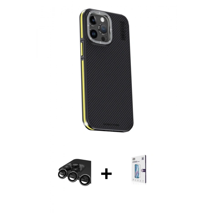 MARSİLYAN™- iPhone 15 Pro Max Kılıf Kıvılcım Modern Özel Seri - Siyah Bilvis 0.18mm Plus Cam Ekran Koruyucu + Raze Metal Kamera Lens - TMGI