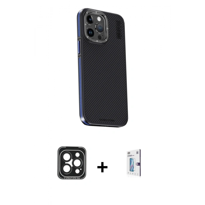 MARSİLYAN™- iPhone 15 Pro Max Kılıf Kıvılcım Modern Özel Seri - Siyah Bilvis 0.18mm Plus Cam Ekran Koruyucu + PVD Metal Kamera Lens - SH