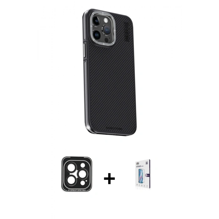 MARSİLYAN™- iPhone 15 Pro Max Kılıf Kıvılcım Modern Özel Seri - Siyah Bilvis 0.18mm Plus Cam Ekran Koruyucu + PVD Metal Kamera Lens - SH