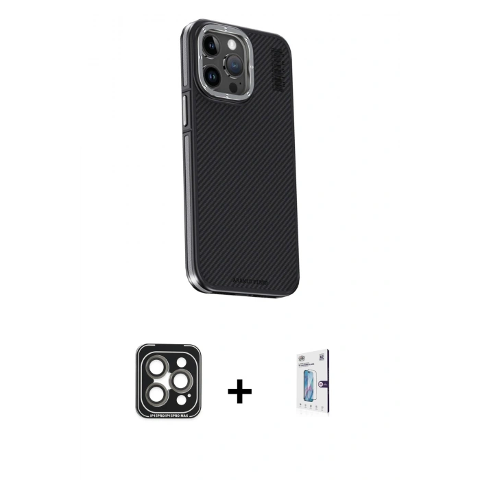 MARSİLYAN™- iPhone 15 Pro Max Kılıf Kıvılcım Modern Özel Seri - Siyah Bilvis 0.18mm Plus Cam Ekran Koruyucu + Gri PVD Metal Kamera Lens