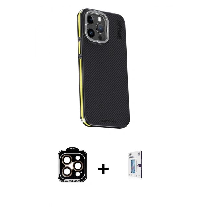 MARSİLYAN™- iPhone 15 Pro Max Kılıf Kıvılcım Modern Özel Seri - Siyah Bilvis 0.18mm Plus Cam Ekran Koruyucu + PVD Metal Kamera Lens - TU