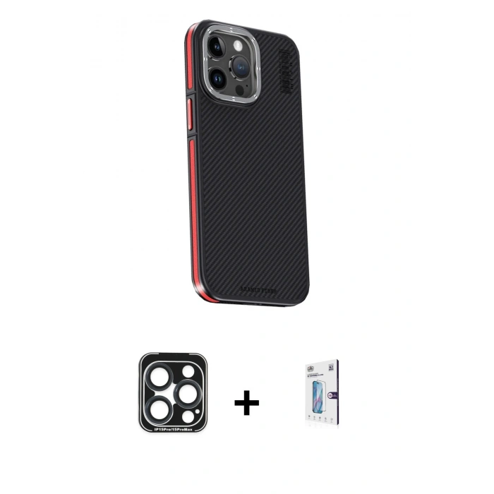 MARSİLYAN™- iPhone 15 Pro Max Kılıf Kıvılcım Modern Özel Seri - Siyah Bilvis 0.18mm Plus Cam Ekran Koruyucu + PVD Metal Kamera Lens - LT
