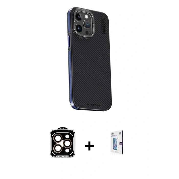 MARSİLYAN™- iPhone 15 Pro Max Kılıf Kıvılcım Modern Özel Seri - Siyah Bilvis 0.18mm Plus Cam Ekran Koruyucu + PVD Metal Kamera Lens - TU