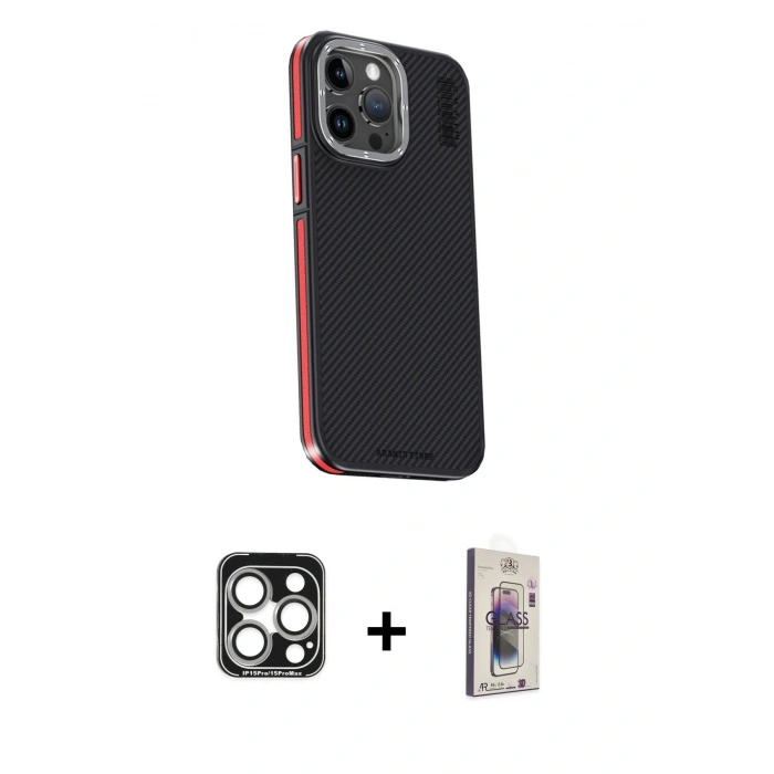 MARSİLYAN™- iPhone 15 Pro Max Kılıf Kıvılcım Modern Özel Seri - Siyah Bilvis 3D Cam Ekran Koruyucu + PVD Metal Kamera Lens - GS