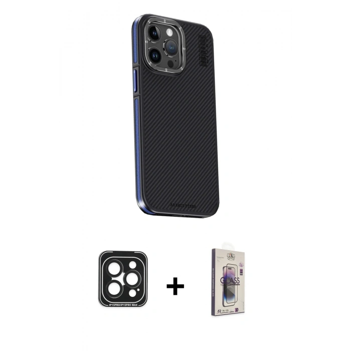 MARSİLYAN™- iPhone 15 Pro Max Kılıf Kıvılcım Modern Özel Seri - Siyah Bilvis 3D Cam Ekran Koruyucu + PVD Metal Kamera Lens - SH