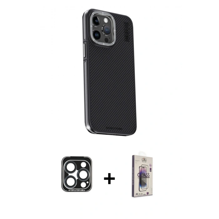 MARSİLYAN™- iPhone 15 Pro Max Kılıf Kıvılcım Modern Özel Seri - Siyah Bilvis 3D Cam Ekran Koruyucu + PVD Metal Kamera Lens - LT