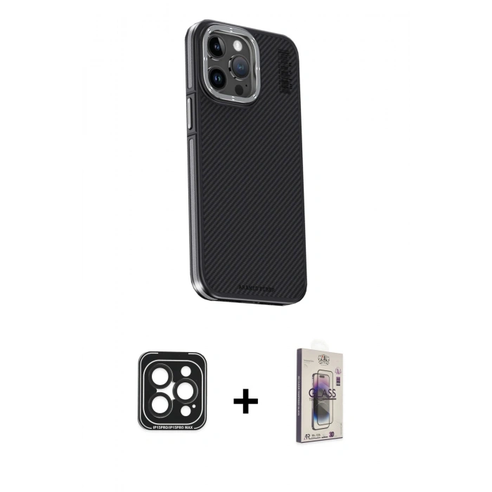 MARSİLYAN™- iPhone 15 Pro Max Kılıf Kıvılcım Modern Özel Seri - Siyah Bilvis 3D Cam Ekran Koruyucu + PVD Metal Kamera Lens - SH