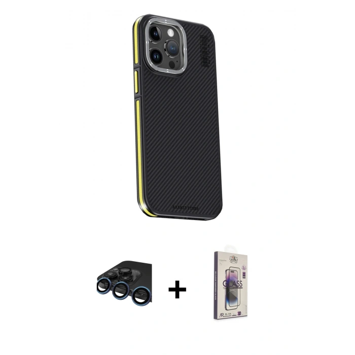 MARSİLYAN™- iPhone 15 Pro Max Kılıf Kıvılcım Modern Özel Seri - Siyah Bilvis 3D Cam Ekran Koruyucu + Raze Metal Kamera Lens - LT