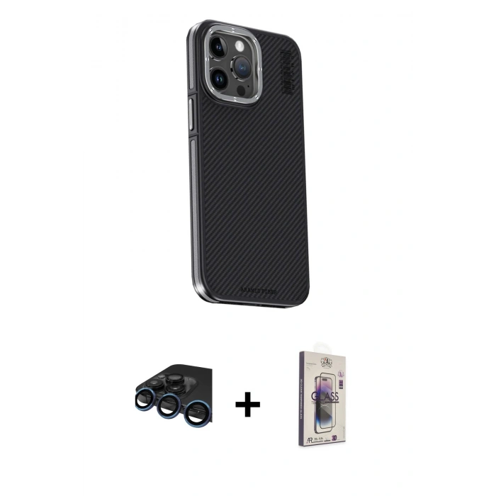 MARSİLYAN™- iPhone 15 Pro Max Kılıf Kıvılcım Modern Özel Seri - Siyah Bilvis 3D Cam Ekran Koruyucu + Raze Metal Kamera Lens - LT