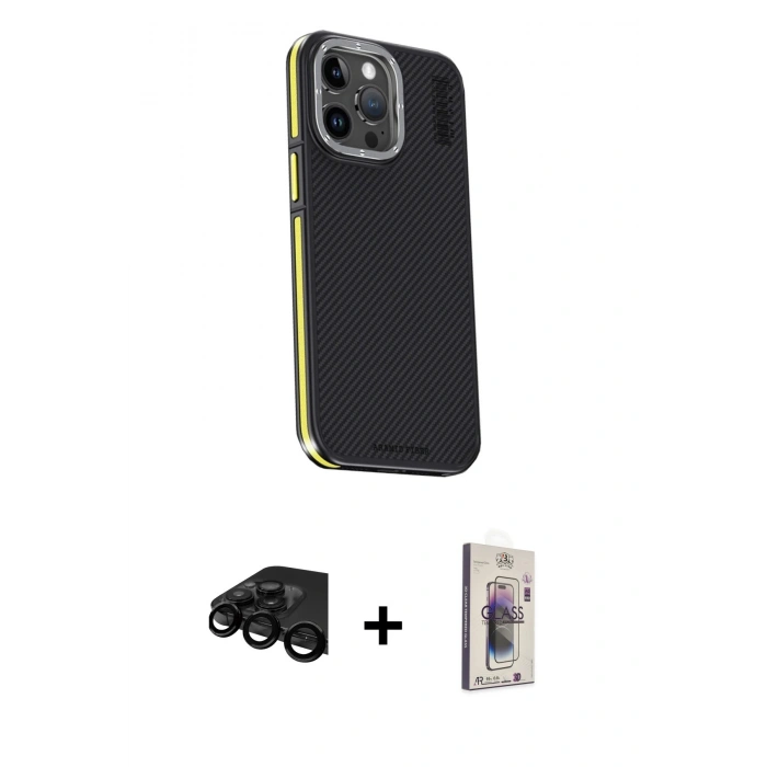 MARSİLYAN™- iPhone 15 Pro Max Kılıf Kıvılcım Modern Özel Seri - Siyah Bilvis 3D Cam Ekran Koruyucu + Raze Metal Kamera Lens - SH