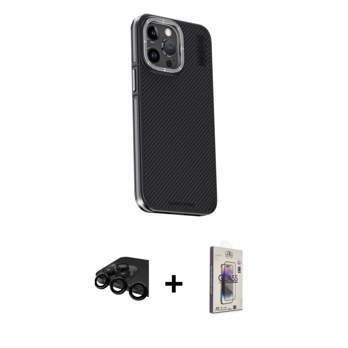 MARSİLYAN™- iPhone 15 Pro Max Kılıf Kıvılcım Modern Özel Seri - Siyah Bilvis 3D Cam Ekran Koruyucu + Raze Metal Kamera Lens - SH