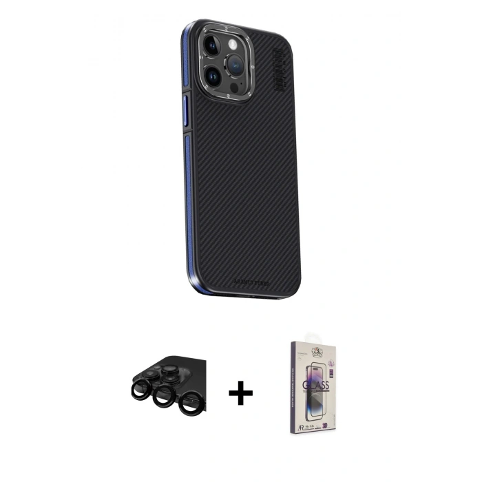 MARSİLYAN™- iPhone 15 Pro Max Kılıf Kıvılcım Modern Özel Seri - Siyah Bilvis 3D Cam Ekran Koruyucu + Raze Metal Kamera Lens - SH