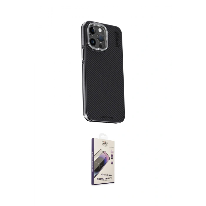 MARSİLYAN™- iPhone 15 Pro Max Kılıf Kıvılcım Modern Özel Seri - Siyah Bilvis 3D Mat Cam Ekran Koruyucu