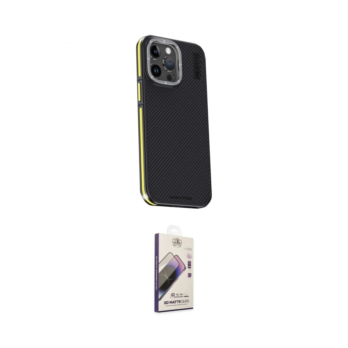 MARSİLYAN™- iPhone 15 Pro Max Kılıf Kıvılcım Modern Özel Seri - Siyah Bilvis 3D Mat Cam Ekran Koruyucu